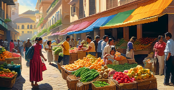 A bustling marketplace in a Latin American city filled with people and colorful produce stalls under warm sunlight.