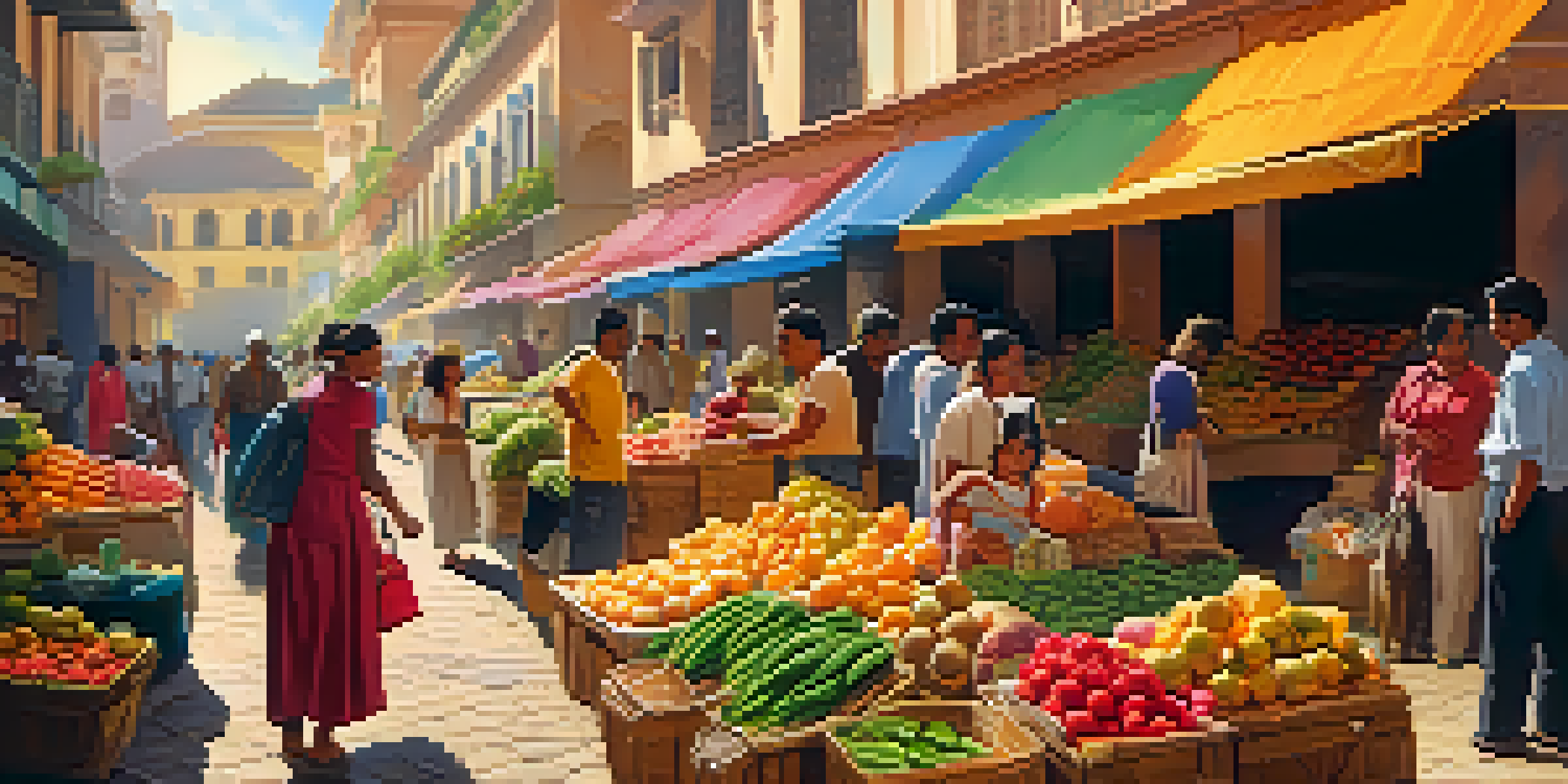 A bustling marketplace in a Latin American city filled with people and colorful produce stalls under warm sunlight.