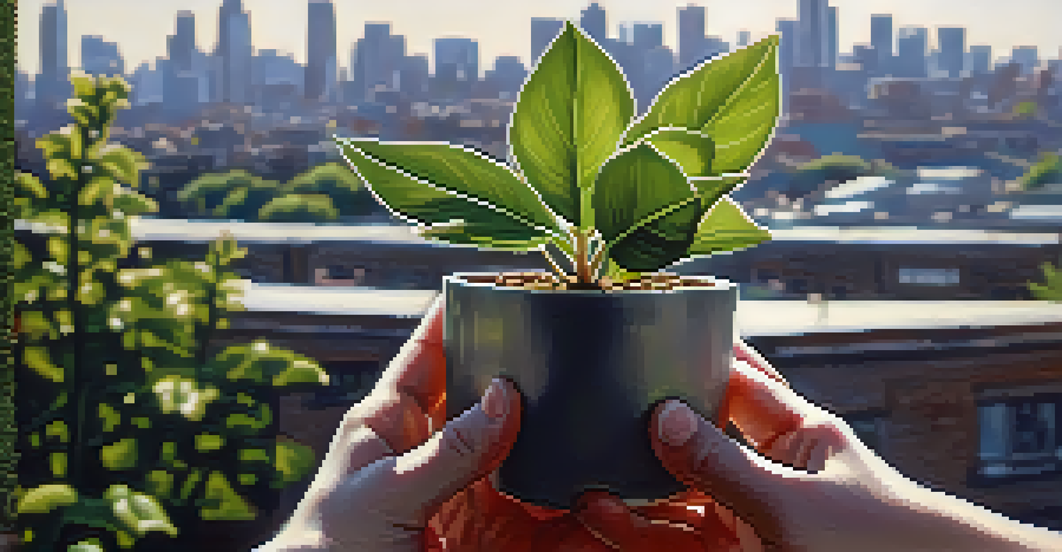Hands holding a small plant in front of a city skyline, symbolizing nature and urban development.