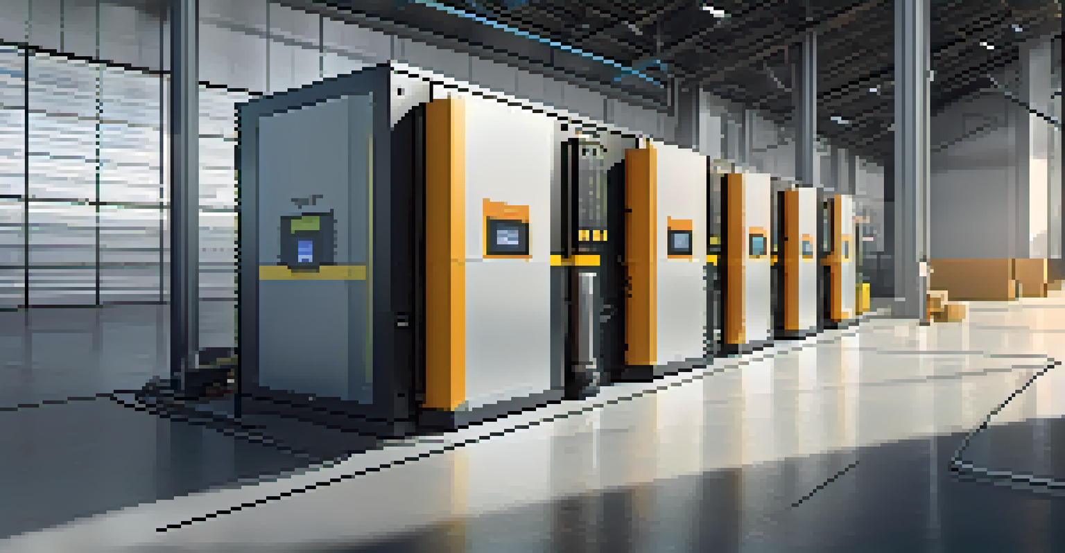 A close-up of a battery storage system in a warehouse, with solar panels visible through the windows, under soft lighting.