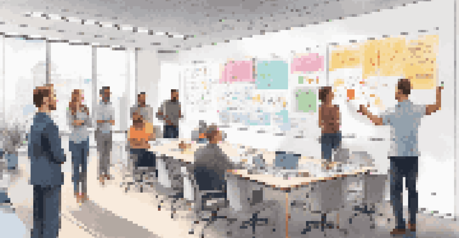 An office space with a team gathered around a whiteboard filled with diagrams, showing collaboration and engagement.