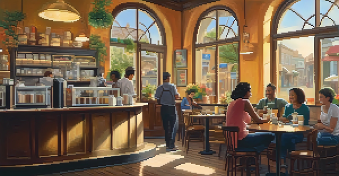 A cozy café with a barista serving coffee to diverse customers, warm lighting, wooden tables, and colorful artwork on the walls.