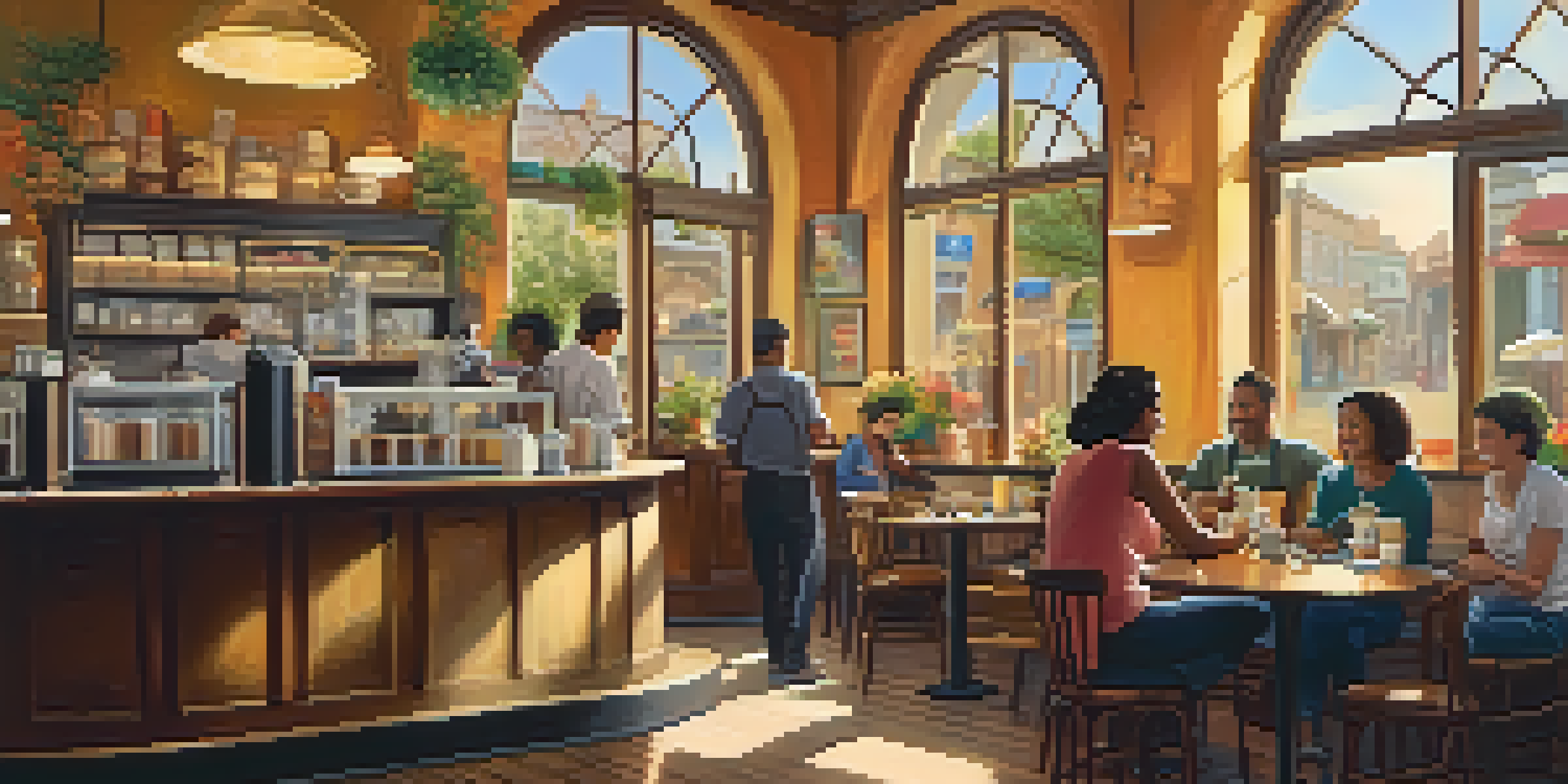 A cozy café with a barista serving coffee to diverse customers, warm lighting, wooden tables, and colorful artwork on the walls.