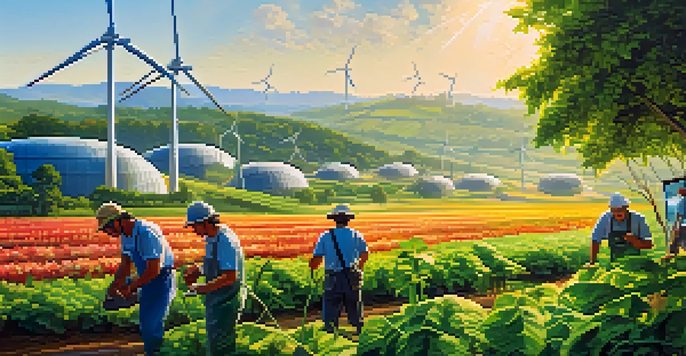 A colorful illustration of workers in a green environment, with a farmer and a sustainable factory in the background.