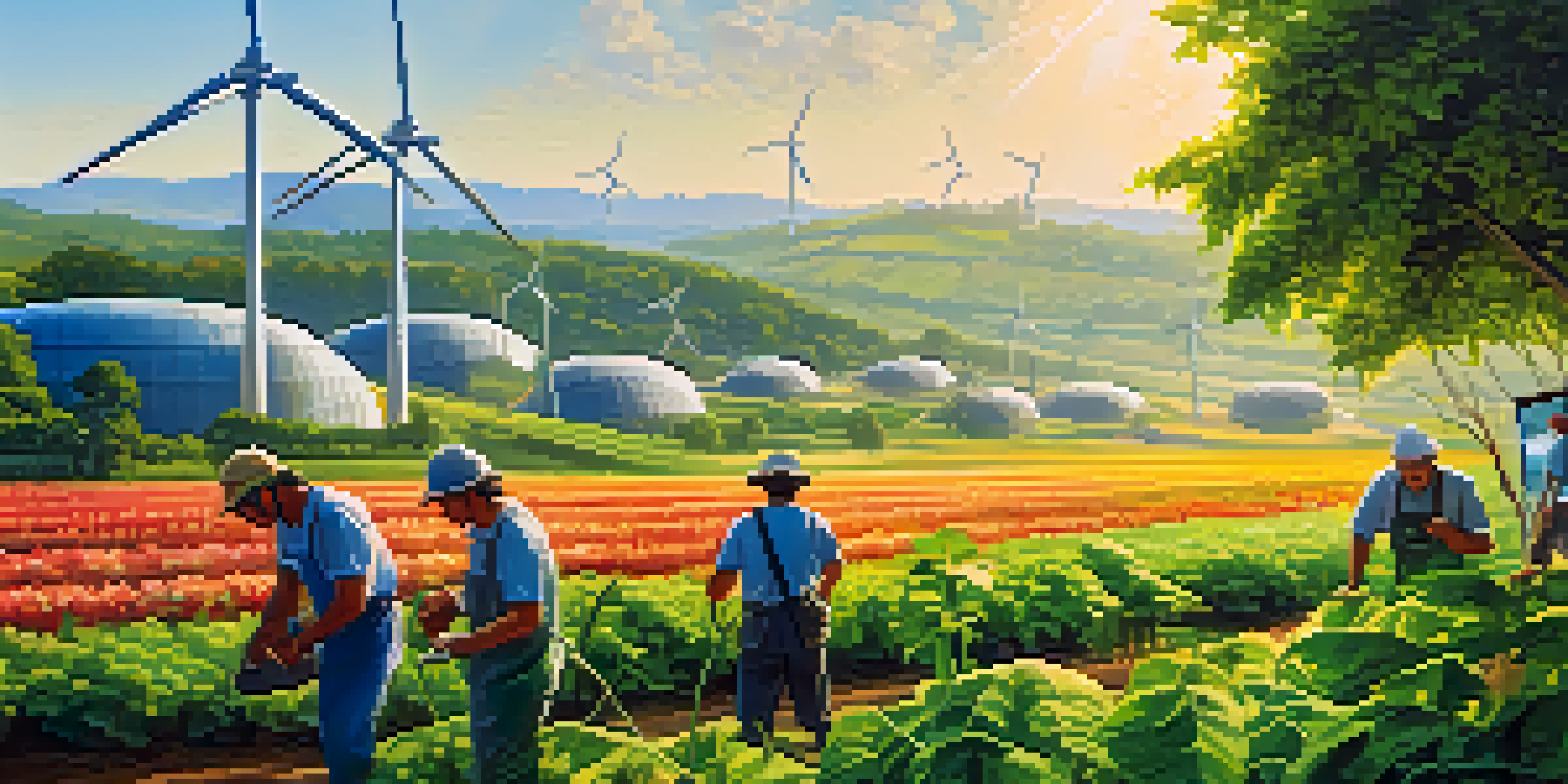 A colorful illustration of workers in a green environment, with a farmer and a sustainable factory in the background.