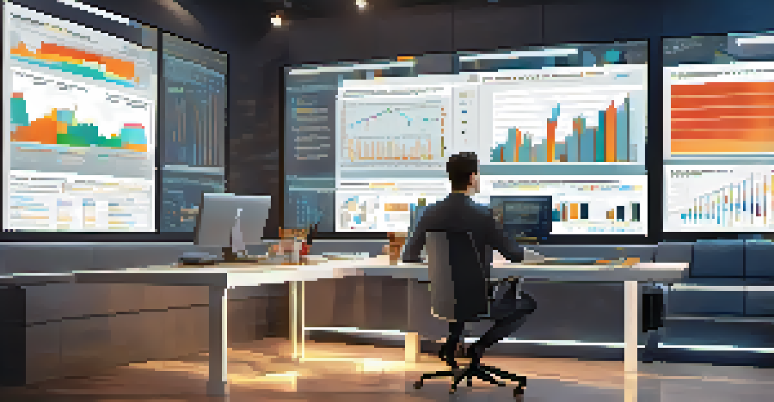 A workspace with charts and graphs on a screen, a person reviewing reports, and a modern desk setup, all in bright lighting.
