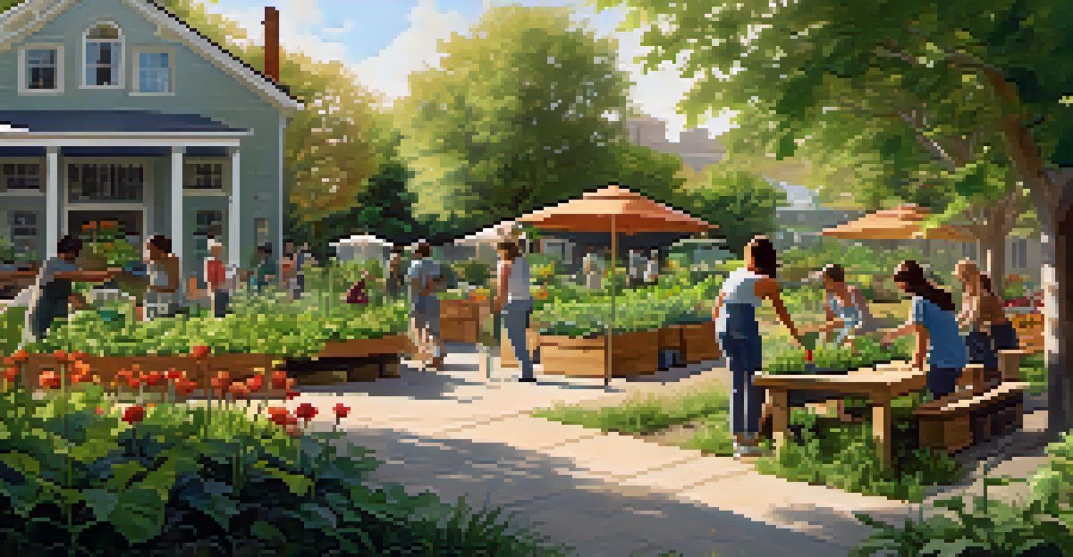 A community garden with people gardening in a serene outdoor setting promoting sustainability.