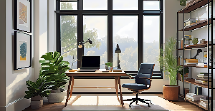A stylish home office featuring a laptop on a desk, an ergonomic chair, and plants, illuminated by natural light from a large window.