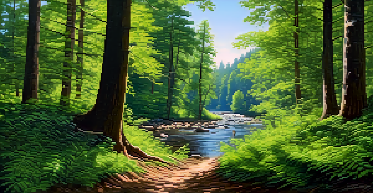 A tranquil forest with tall trees and a clear stream, featuring a person walking along a path, immersed in nature.