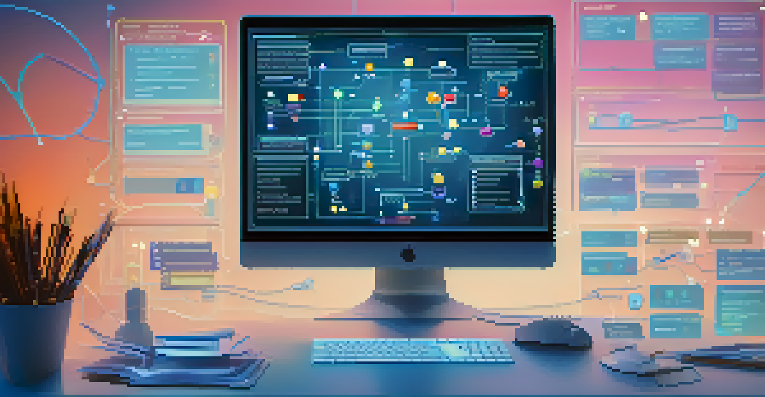 A close-up view of a computer screen showing a workflow diagram for robotic process automation, highlighted by soft blue lighting.
