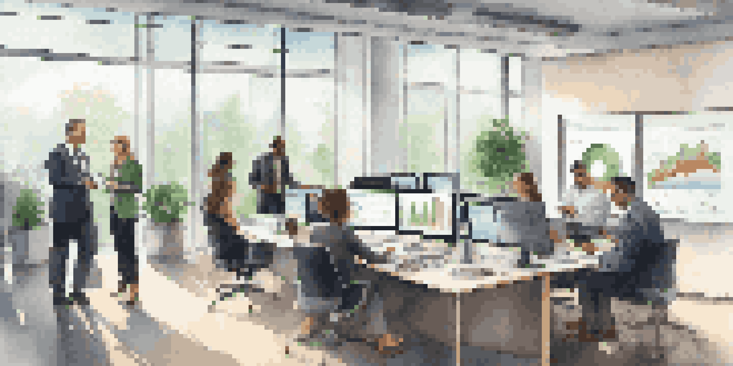 A diverse group of professionals in a modern office discussing financial analytics displayed on a digital screen.