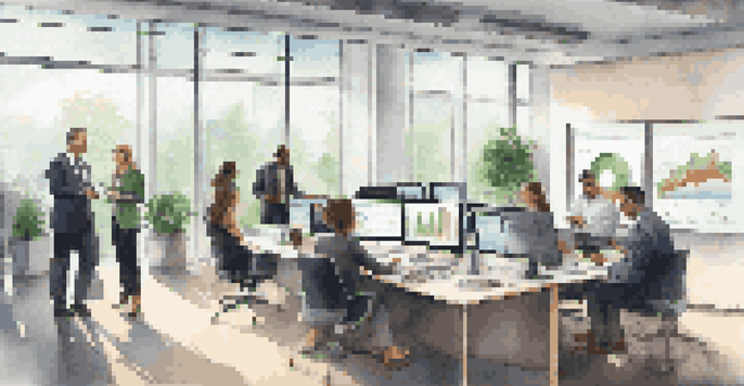 A diverse group of professionals in a modern office discussing financial analytics displayed on a digital screen.