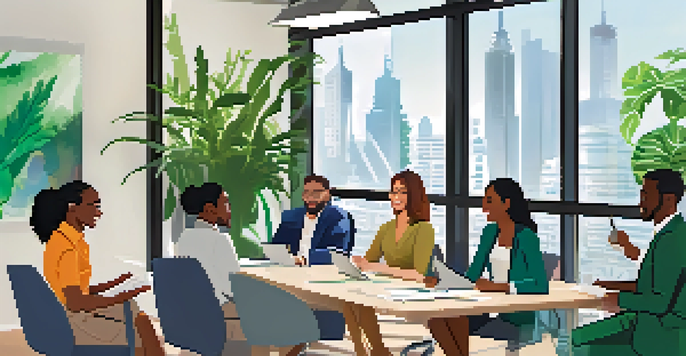 A diverse group of people discussing a referral program in a bright office, with a city skyline visible through the window.