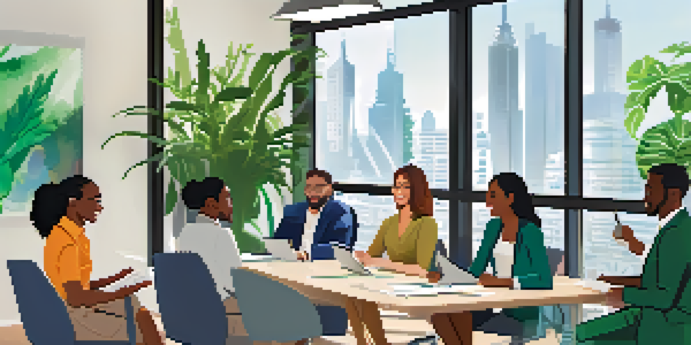 A diverse group of people discussing a referral program in a bright office, with a city skyline visible through the window.