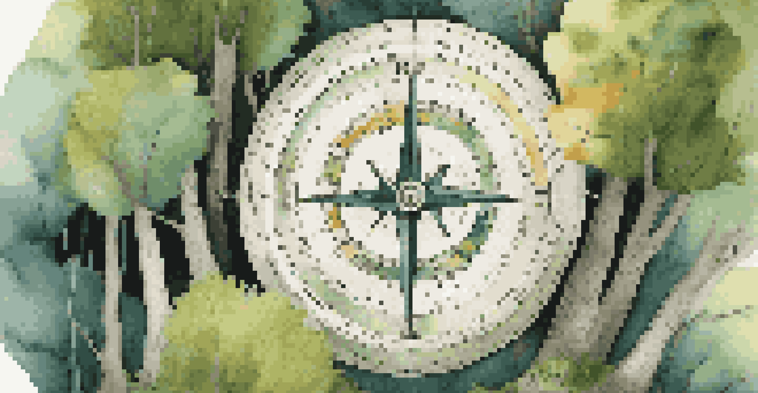An abstract illustration of a compass in a forest, representing data-driven insights with paths symbolizing consumer preferences.