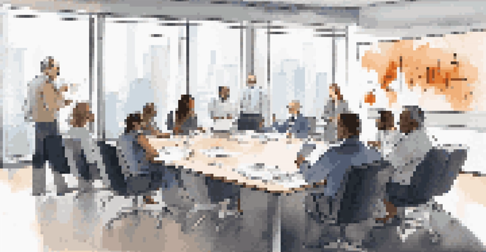 A group of diverse professionals in a bright conference room discussing merger strategies with charts on a screen.