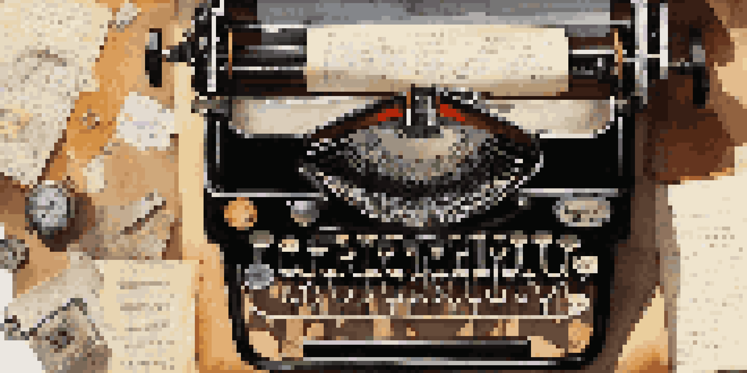 A vintage typewriter with paper, surrounded by handwritten notes and sketches in warm lighting.