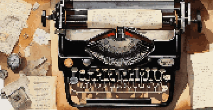 A vintage typewriter with paper, surrounded by handwritten notes and sketches in warm lighting.