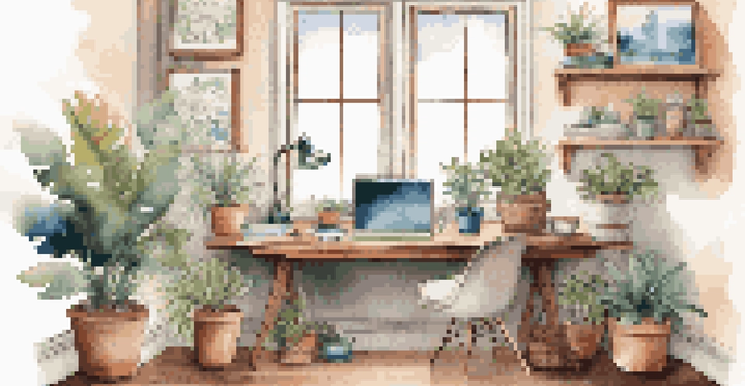 A bright and inviting home office with a wooden desk, laptop, coffee cup, and plants.