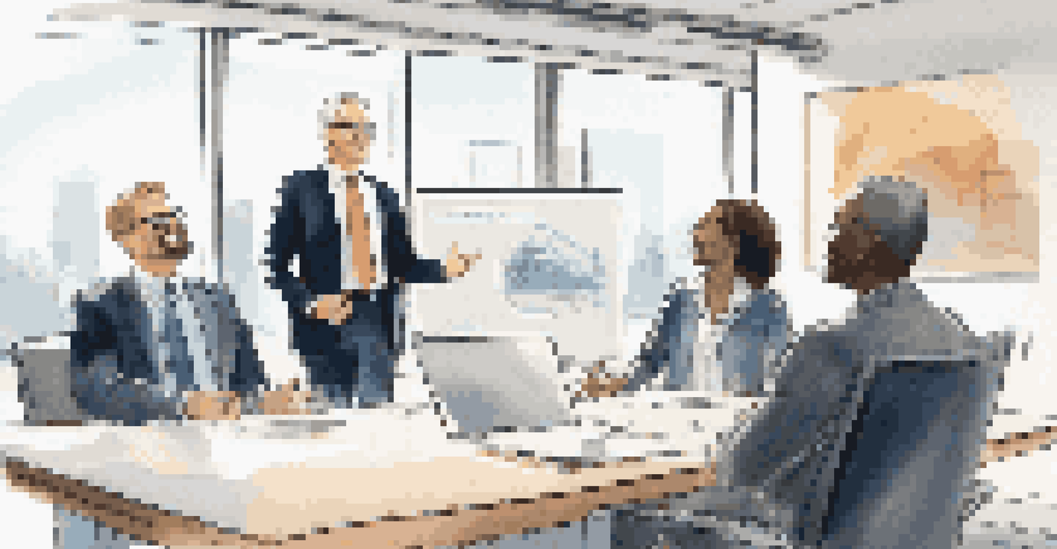 A business leader standing at the head of a conference table engaging with employees in a bright, modern meeting room.