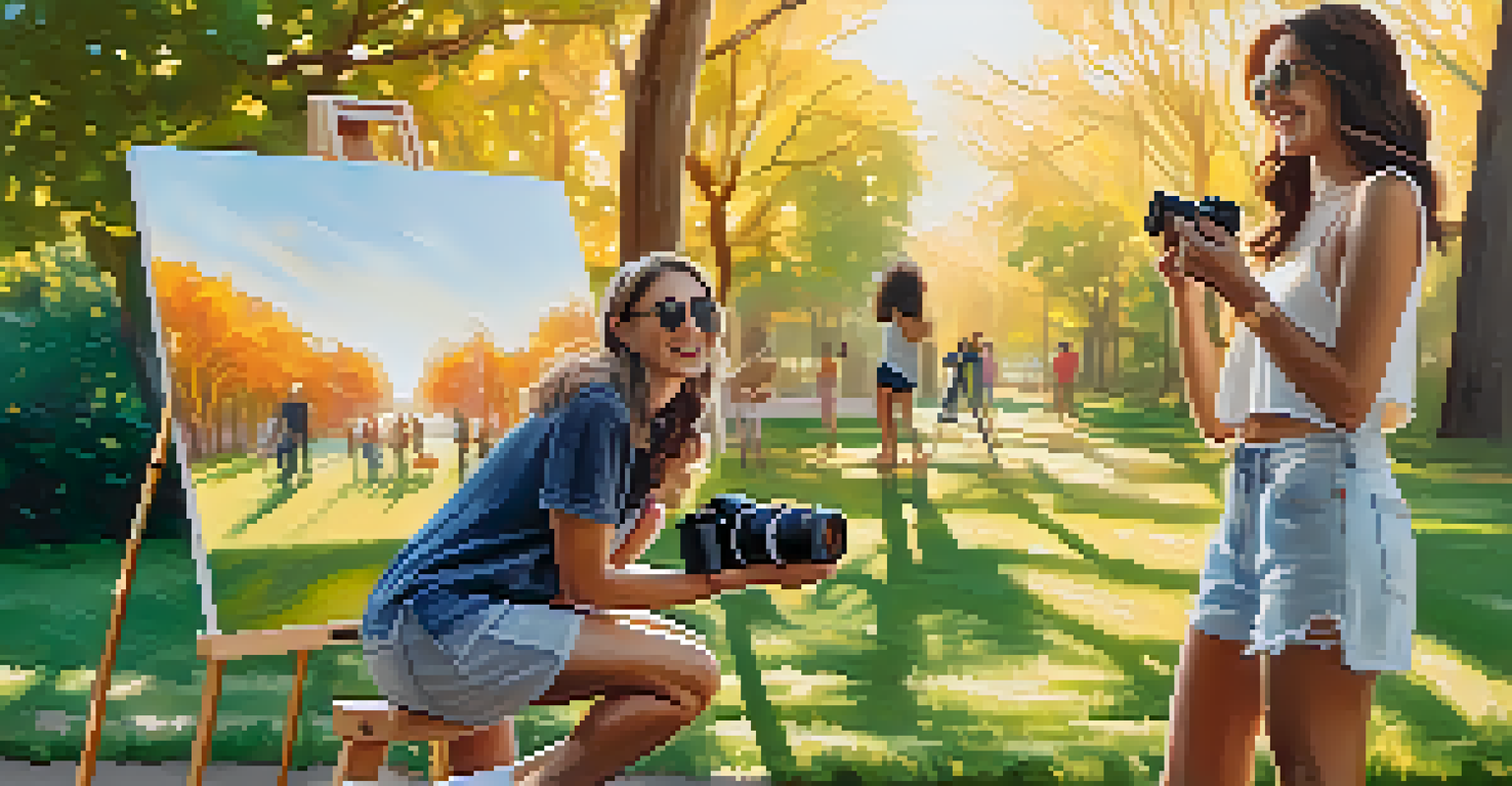 An outdoor scene of an influencer posing with a product while a friend takes a photo, surrounded by greenery and sunlight.