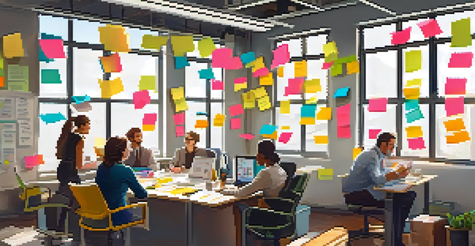 A vibrant office scene where diverse employees collaborate in a brainstorming session, surrounded by colorful post-it notes and a bright environment.