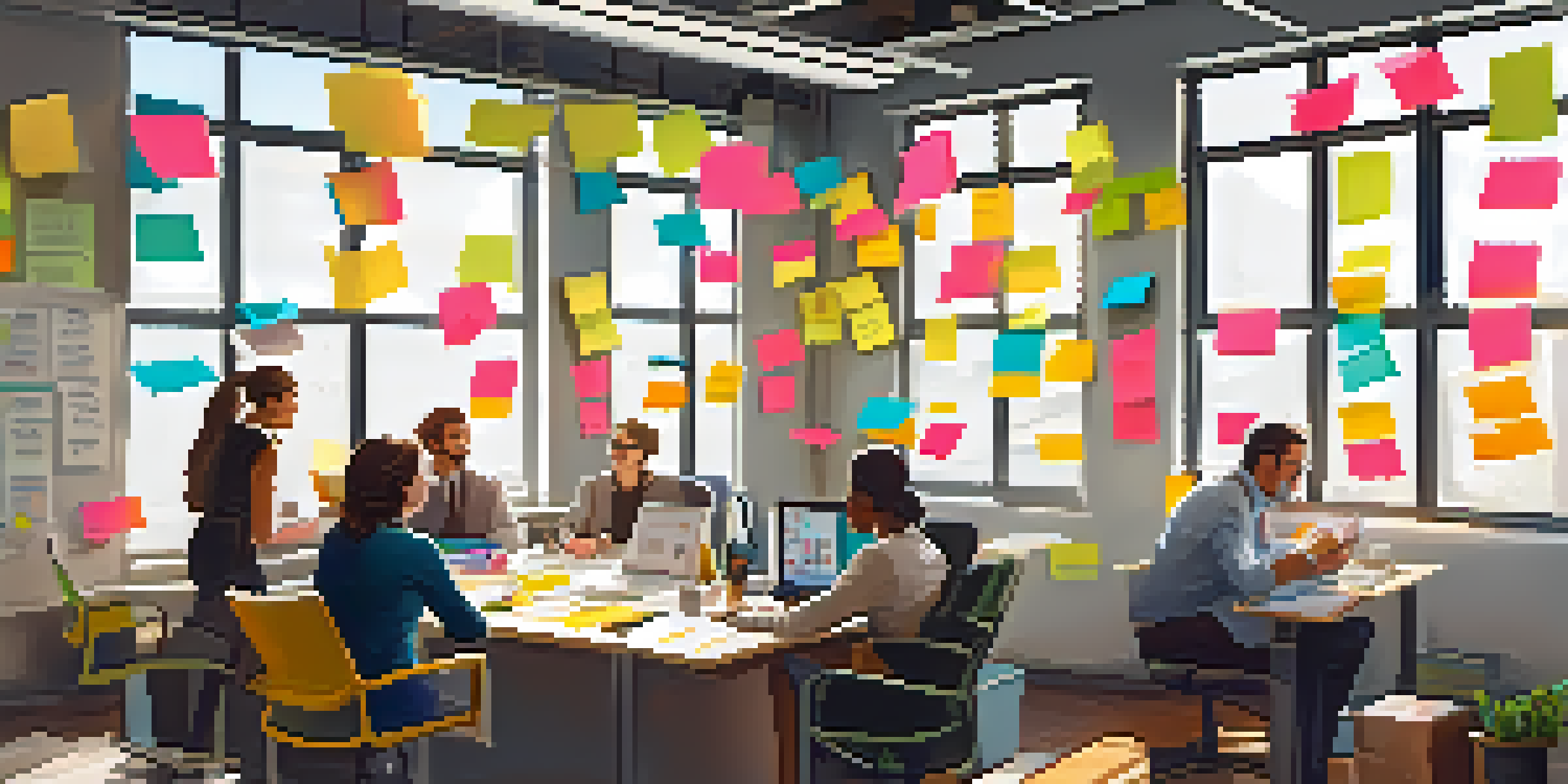 A vibrant office scene where diverse employees collaborate in a brainstorming session, surrounded by colorful post-it notes and a bright environment.