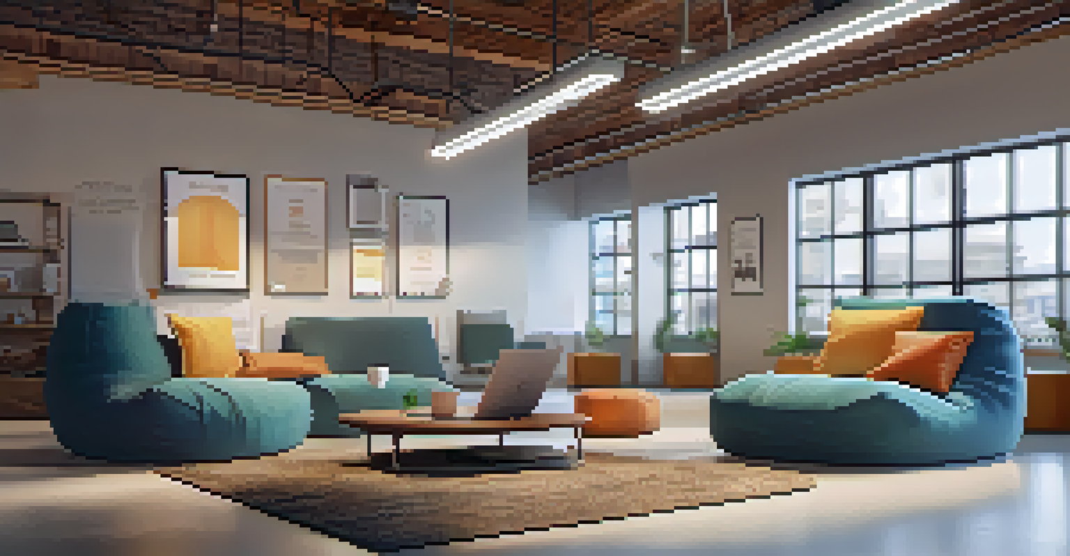 A cozy lounge area in a startup incubator with bean bags, a coffee table filled with literature, and a laptop showing a funding application.