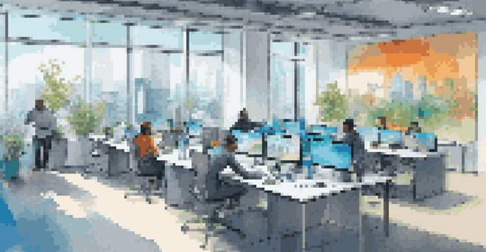 A modern innovation lab with diverse teams collaborating around high-tech workstations and digital screens, bright lighting, and a vibrant city view.