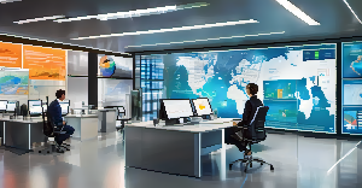 A futuristic office with a digital screen displaying real-time data analytics for risk assessment.