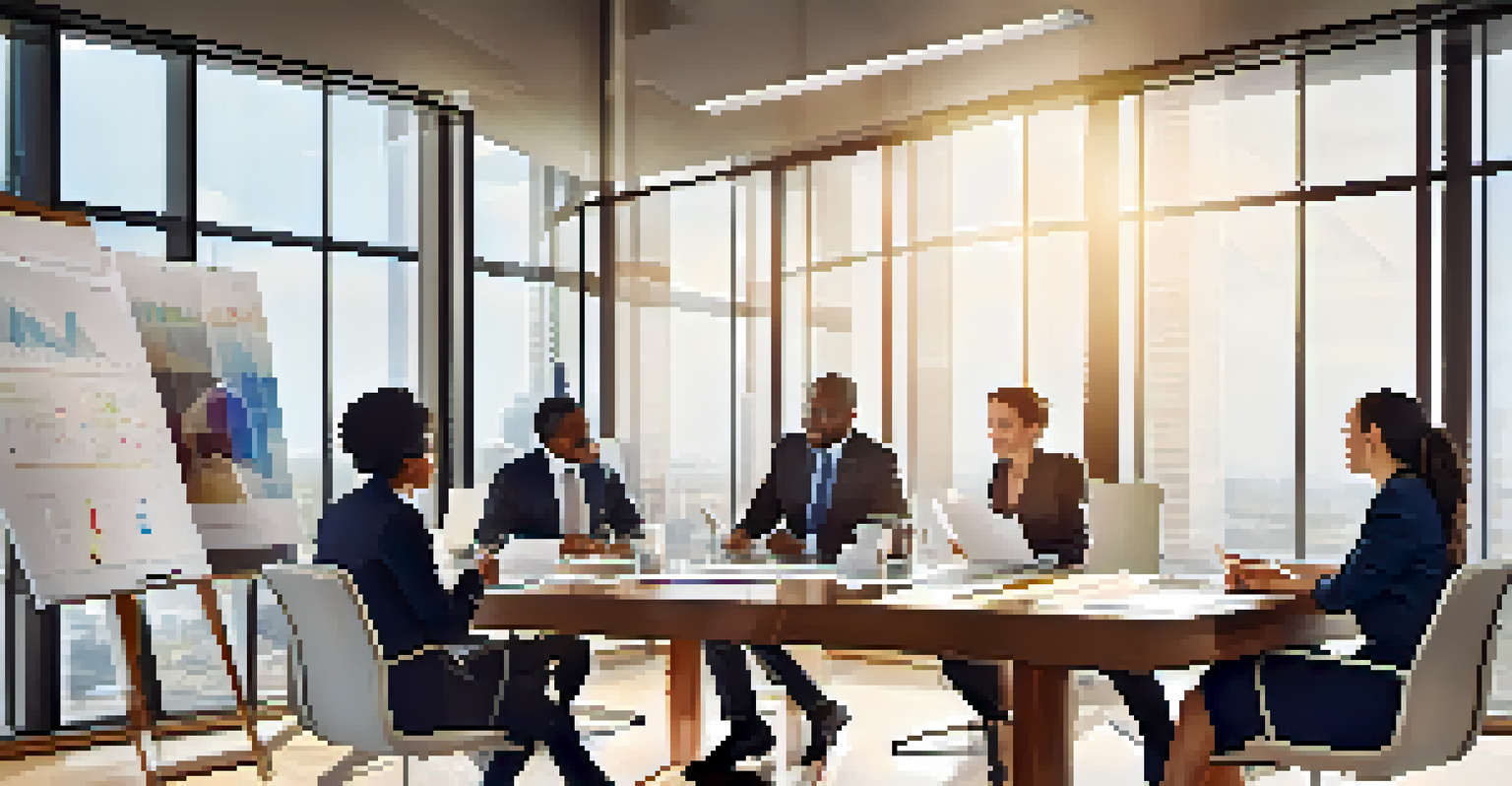 A diverse team of professionals discussing revenue growth strategies in a bright conference room.