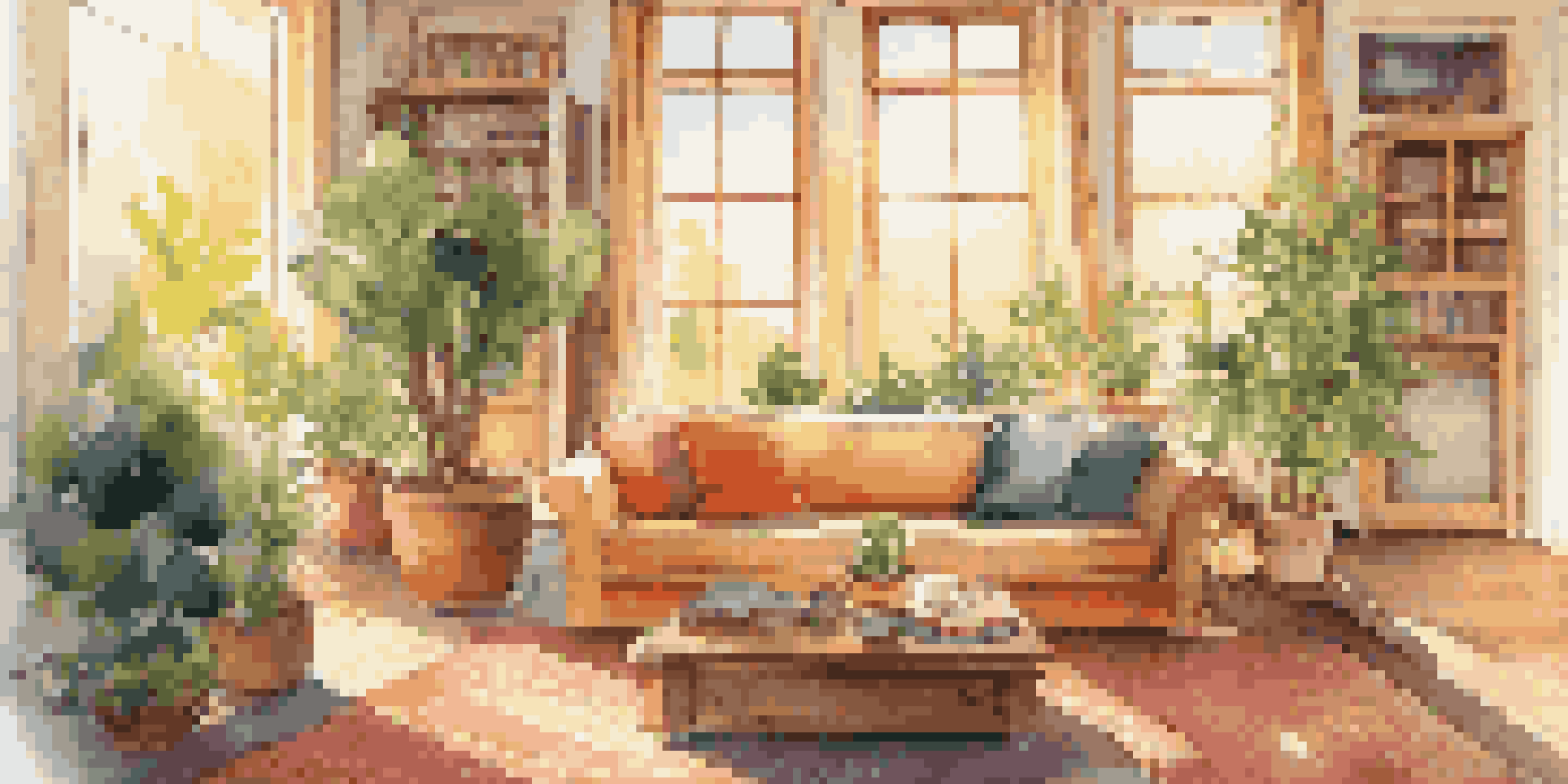 A warm and inviting living room with sunlight streaming through windows, featuring a cozy sofa, coffee table with a book and tea, and potted plants.