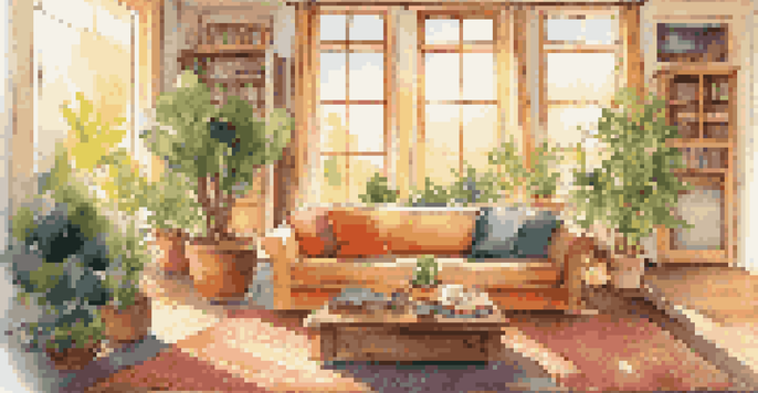 A warm and inviting living room with sunlight streaming through windows, featuring a cozy sofa, coffee table with a book and tea, and potted plants.