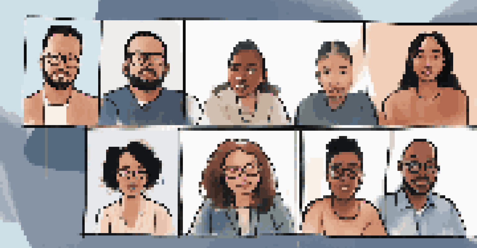A diverse group of people on a video call, showing expressions of collaboration and focus.