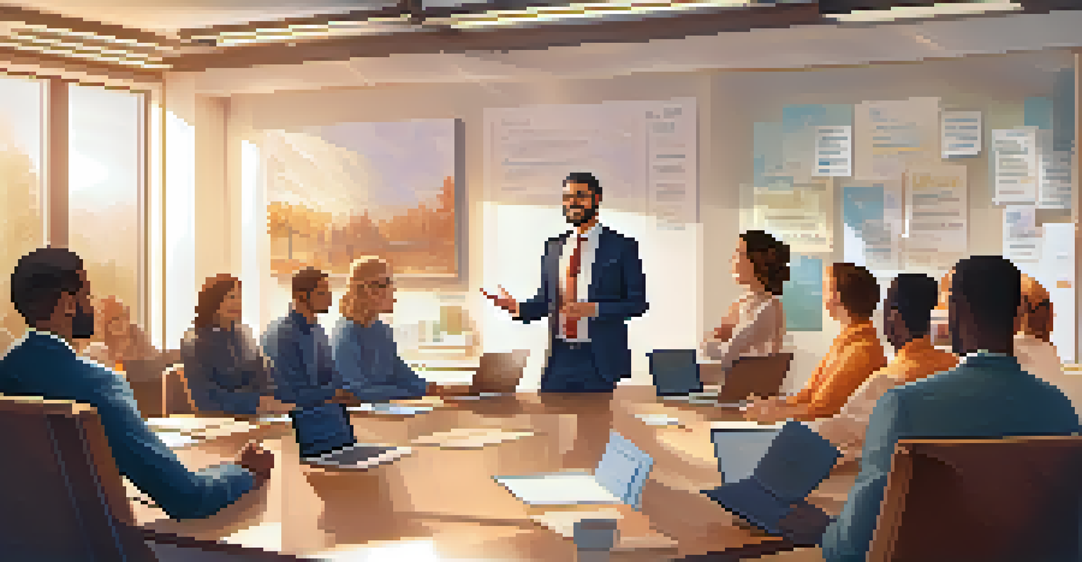 An inspiring leader speaking to a team in a cozy office, with team members engaged and taking notes, in a warm and inviting environment.