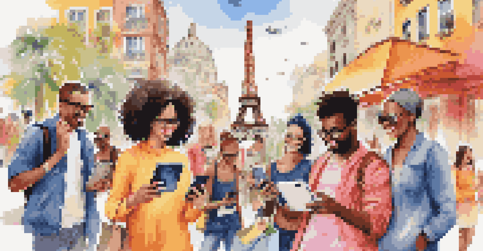 A diverse group of people shopping online with mobile devices in front of iconic landmarks from various countries.