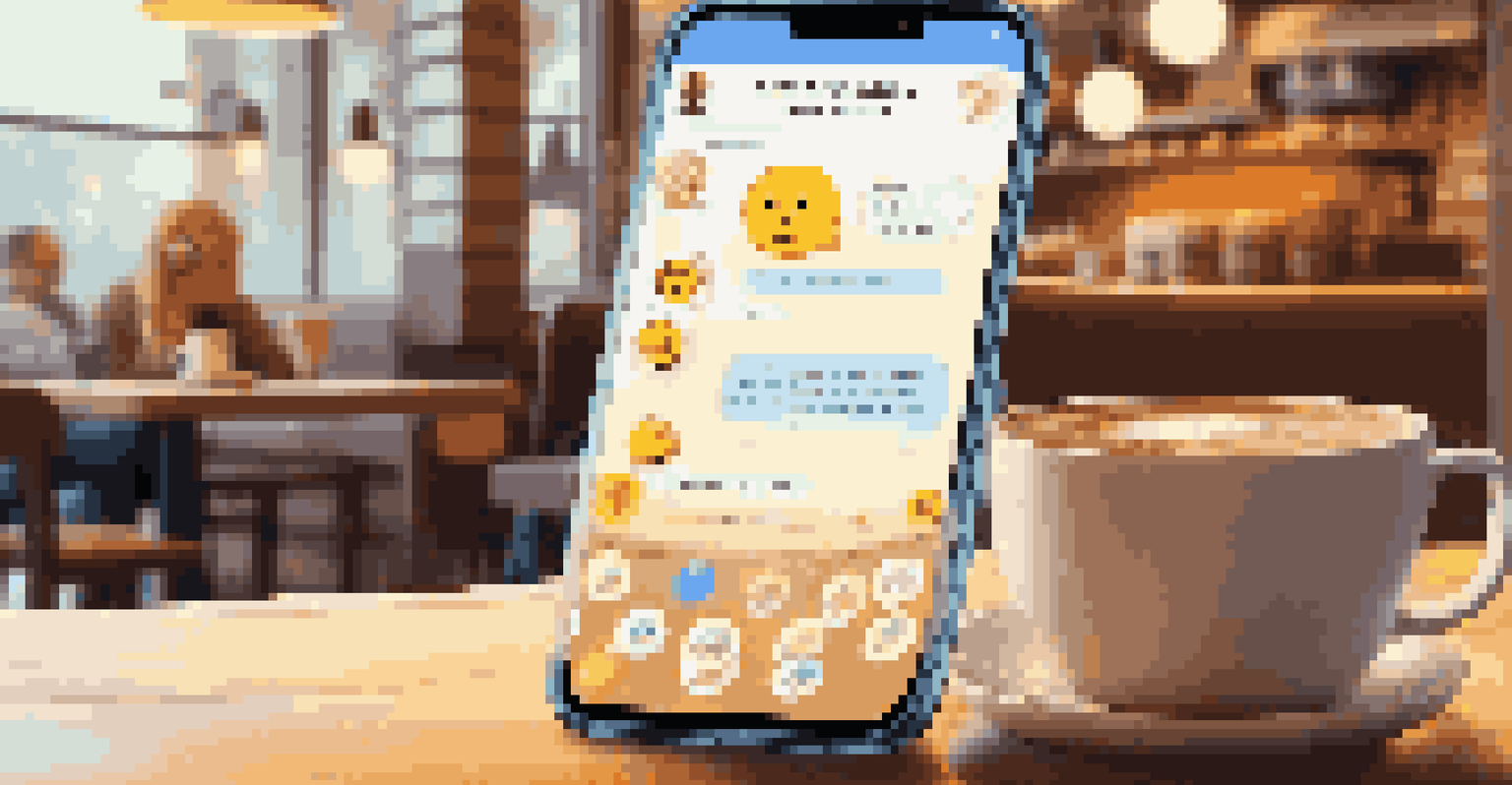 A smartphone on a café table displaying a vibrant chatbot conversation. The scene includes a pastry and a coffee cup.