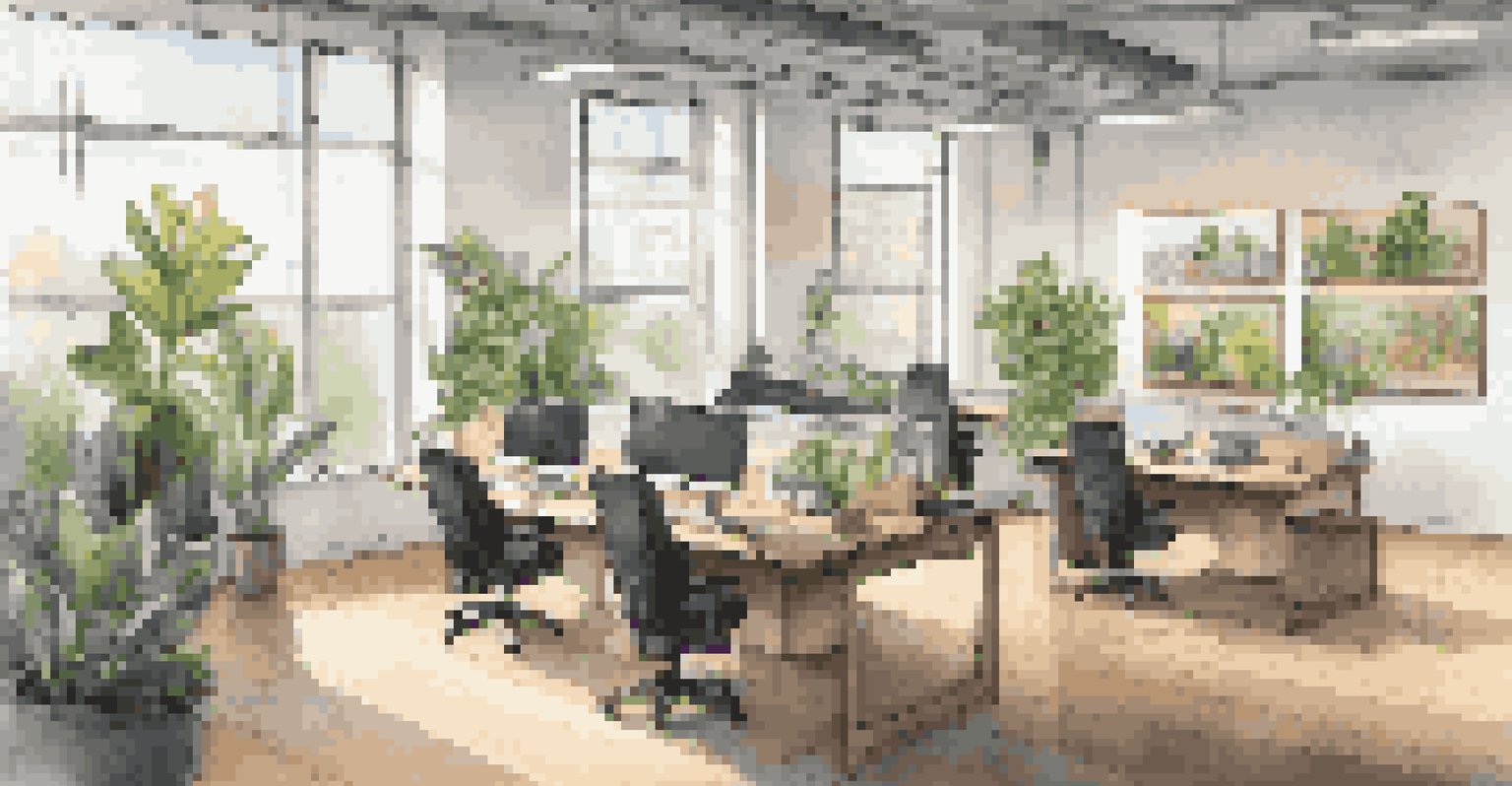 A modern office workspace designed with sustainable furniture and decor, filled with plants and natural light.