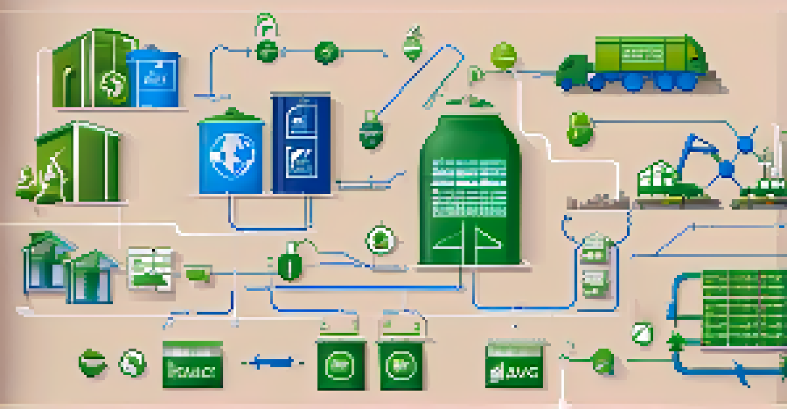 An illustration of a sustainable supply chain showing stages like sourcing and manufacturing with eco-friendly colors.
