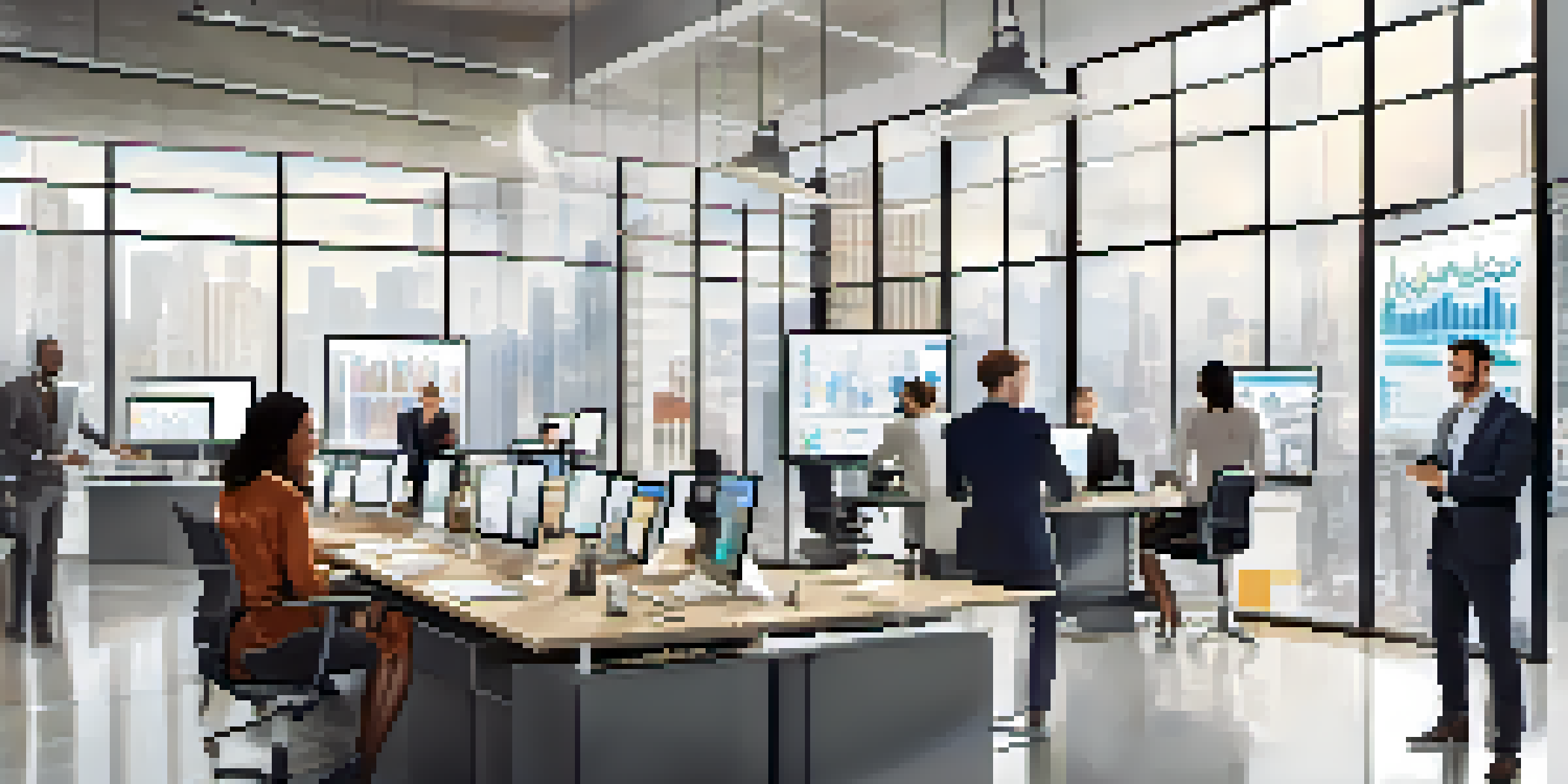 A group of diverse business professionals working together in a bright modern office, with laptops and digital screens showing data analytics.