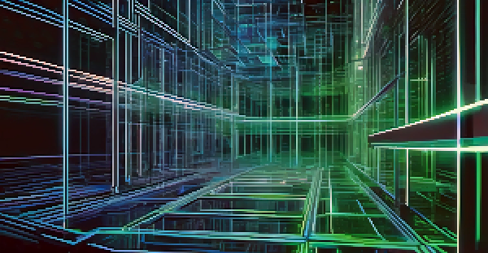 A visual representation of a blockchain structure with interconnected digital blocks glowing in blue and green colors against a dark background.