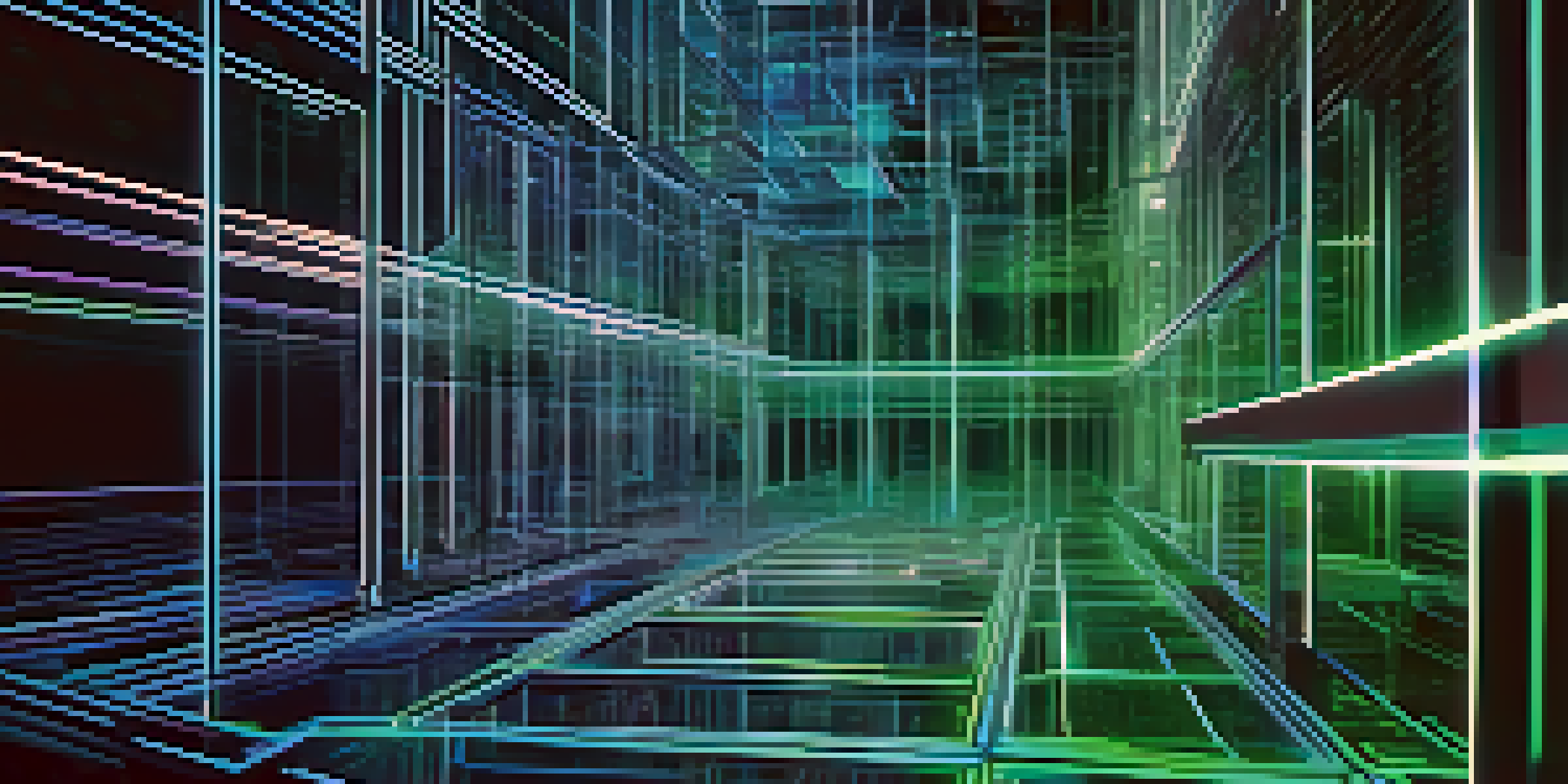 A visual representation of a blockchain structure with interconnected digital blocks glowing in blue and green colors against a dark background.