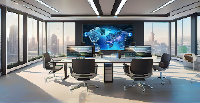A modern office interior with multiple screens showing blockchain contracts, bright natural light, and digital art on the walls.