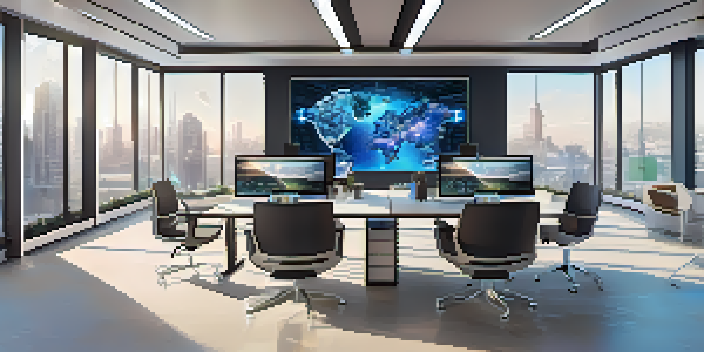 A modern office interior with multiple screens showing blockchain contracts, bright natural light, and digital art on the walls.