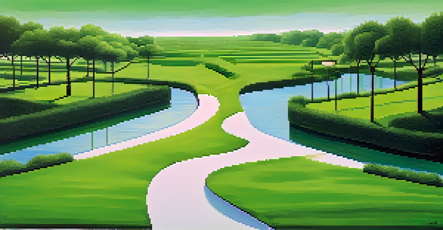 An abstract image showing two diverging paths in a green landscape, one with signs for alternatives and the other leading to a negotiation table.