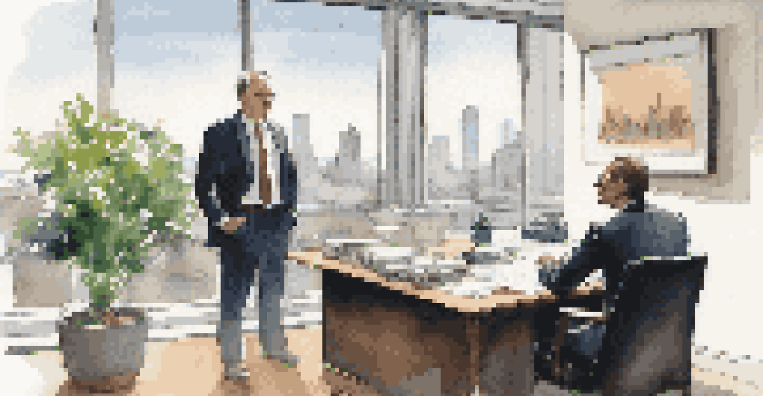A professional advisor discussing financial plans with a business owner in a well-lit office with a city view.
