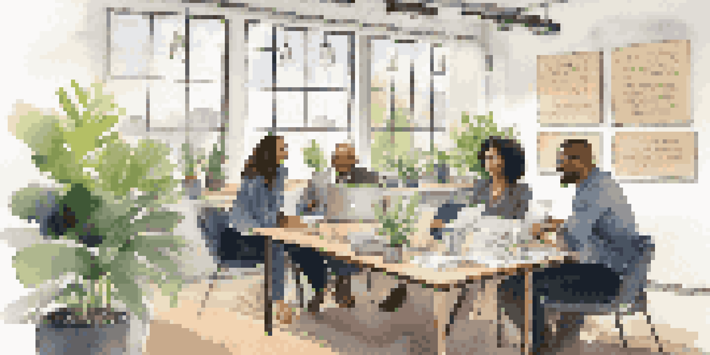 A diverse group of professionals discussing around a laptop in a bright office filled with plants and motivational quotes.