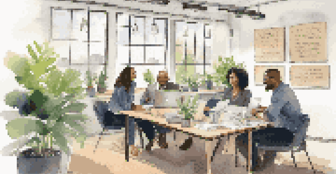 A diverse group of professionals discussing around a laptop in a bright office filled with plants and motivational quotes.