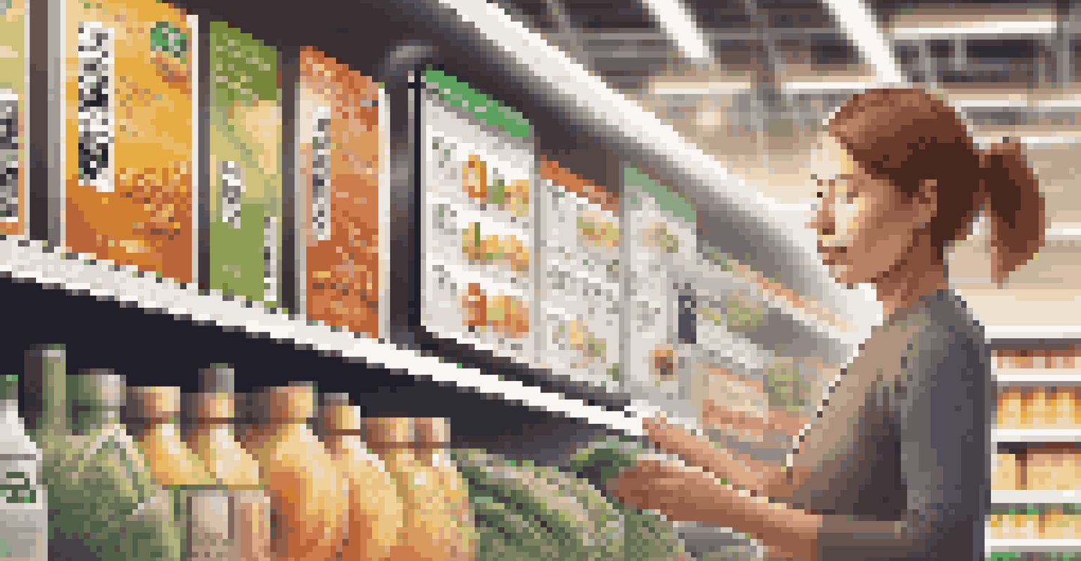 A close-up image of a consumer scanning a QR code for product information in a grocery store with organic products on the shelves.