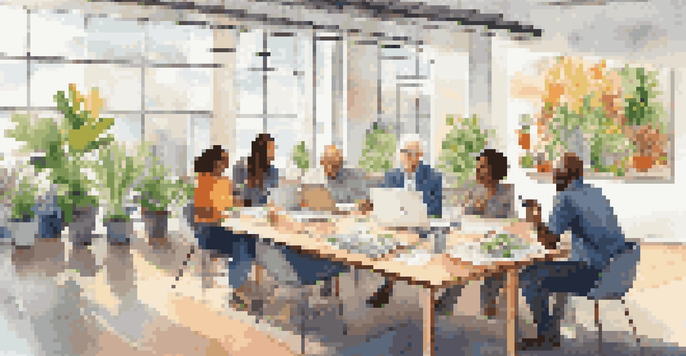 A diverse group of employees of different ages brainstorming in a bright conference room with plants and colorful artwork.